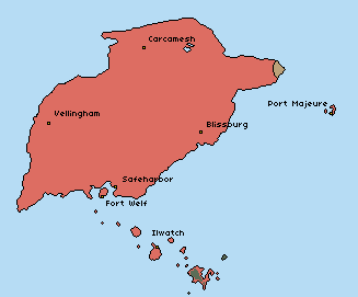 The Republic of Carcola, with major cities marked, in 1287 PR. The Free City of Westport and the League of Vana are also present on this map.