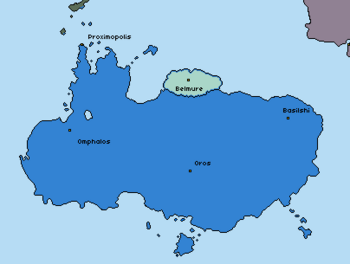 The Azure Empire, with major cities marked, in 1287 PR. The occupied Principality of Narbonne is shown, as well as part of the Helsingfyrd Pact and the League of Vana.